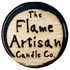Round wooden sign with 'The Flame Artisan Candle Co.' text